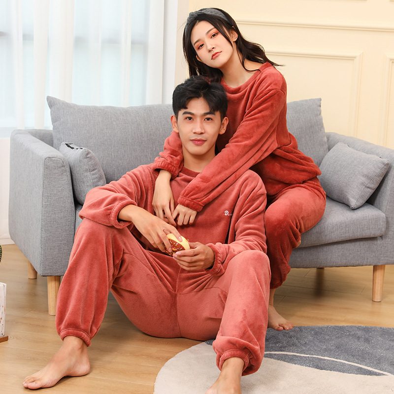 2024 new autumn and winter coral fleece Pamas thickened warm men's and women's long sleeved pants couple home clothes