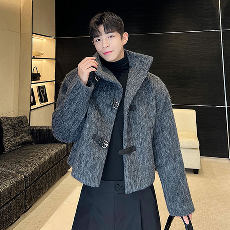 IEFB Wool Coat Trend Men's Autumn Winter Design Thickened Grey Woolen Cloth Leather Button Stand Collar Short Windbreaker 9C2080