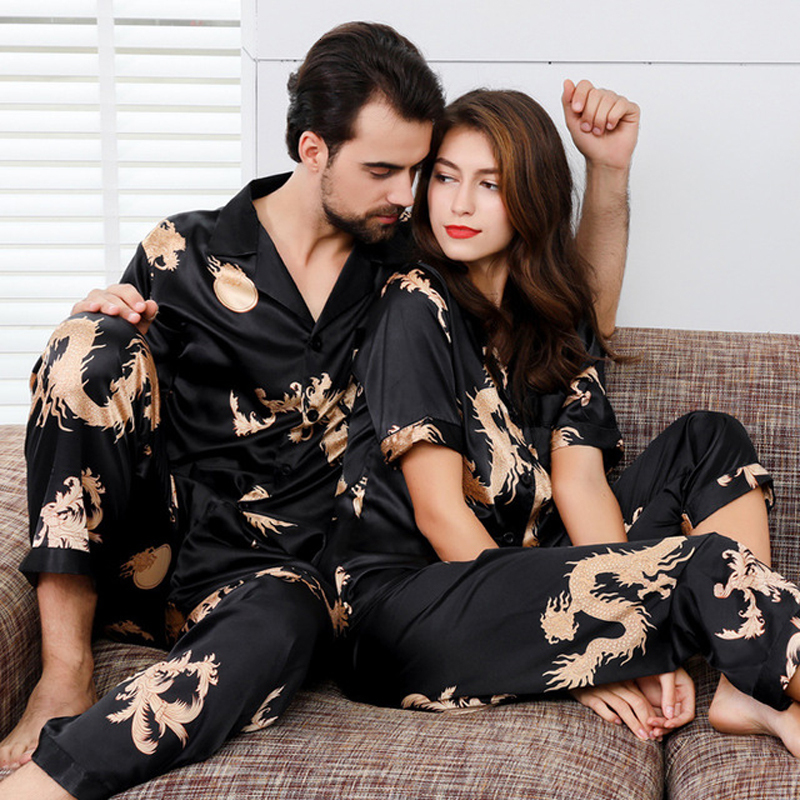 2024 New Couple Silk Satin Sleepwear Long Sleeve Sleepwear Pamas Set Men's and Women's Sleep 2PC Set Home Clothes