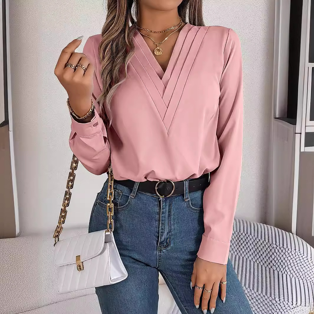 Blouses Designer For Women Blouse Realistic Photo Of 2024 Autumn And Winter Elegant Solid Color Layered V-Neck Long Sleeved Shirt Women's Clothin