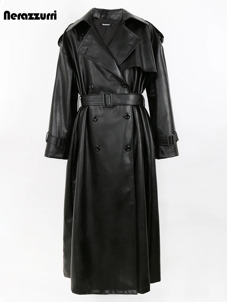 Nerazzurri Spring Autumn Long Oversized Black Pu Leather Trench Coat for Women Belt Double Breasted Loose Casual Korean Fashion 240925