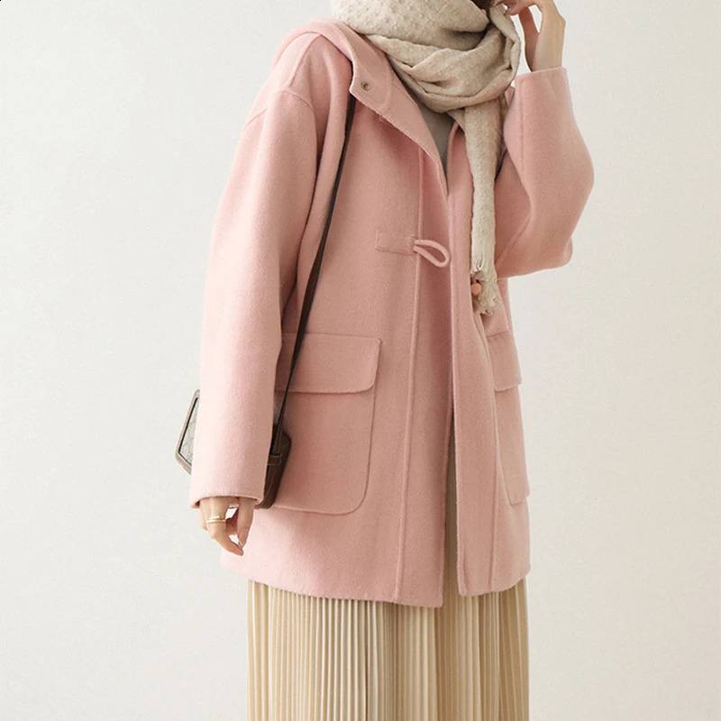 Womens wool button pocket cardigan long sleeved solid loose casual office jacket womens autumn and winter thick warm hooded sweatshirt 240925