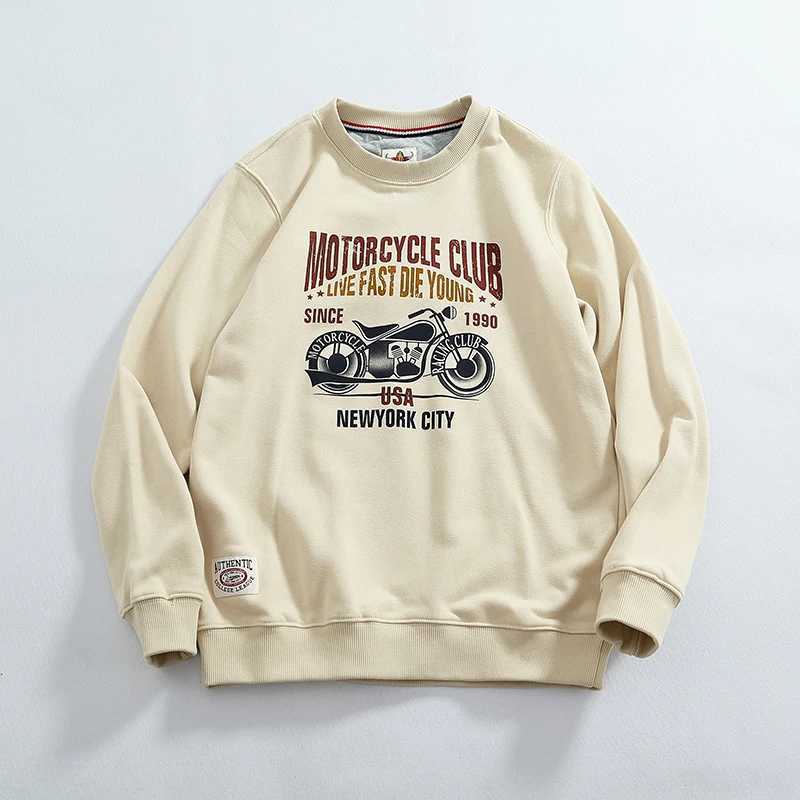 Vintage motorcycle printing thick texture hoodie mens round neck knitted wool circle cloth base shirt top tideX240925
