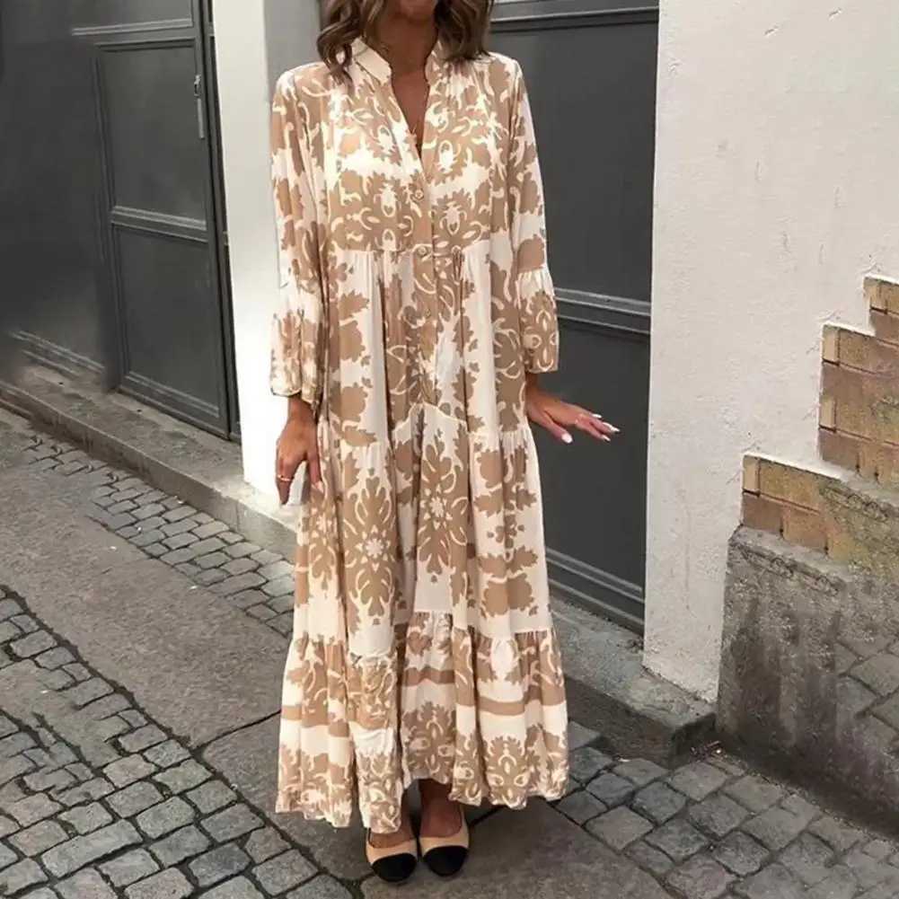 V-neck Printed Dress Elegant Floral Maxi Dress with V Neck Ruffle Patchwork Hem Womens Long Sleeve Single-breasted Commuting M240924