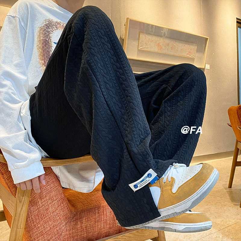 Men High Strt Sweatpants Fashion Loose Casual Side Slit Straight-Leg Pants Vintage Blue Jacquard Casual Bottoms Male Clothes M240924