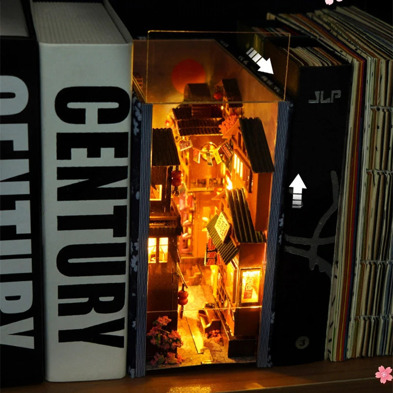 Japanese Retro DIY Wooden Book Nook Shelf Insert Miniature Building Kits Sakura Alley Home Bookend Decor Adult Handmade Gifts 240913