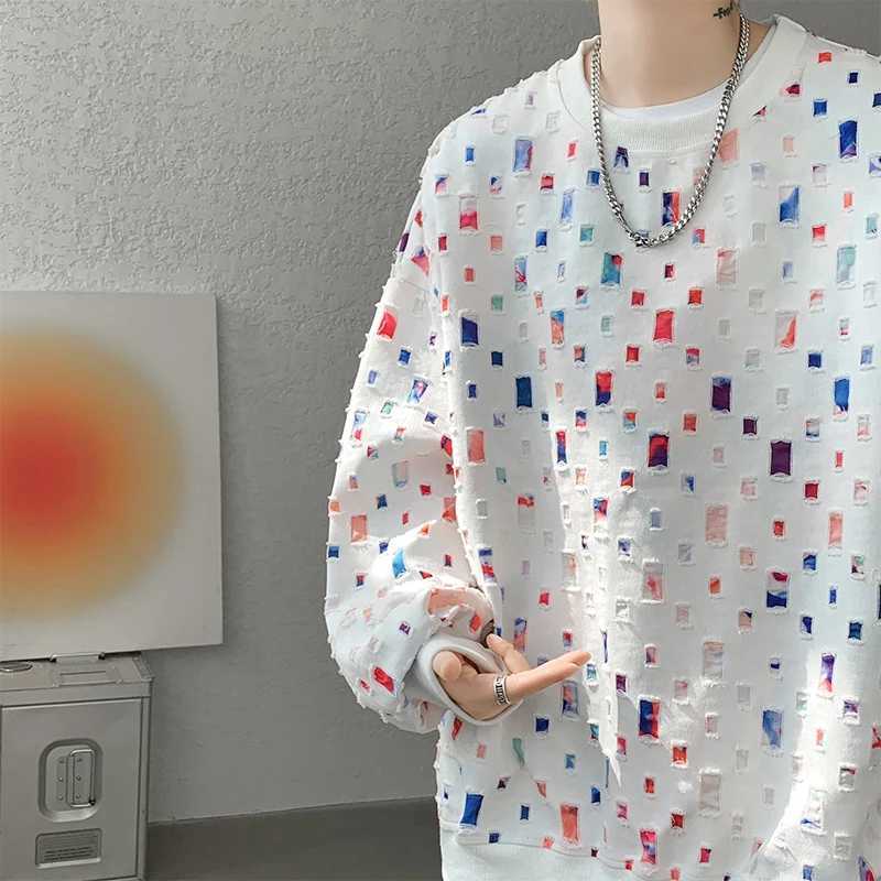 Cotton Hollow Hoodie Men Oversized Plaid Sweatshirt Men Streetwear Hip Hop Loose Pullover Hoodie Mens Round Neck Hoody M-3XLX240925