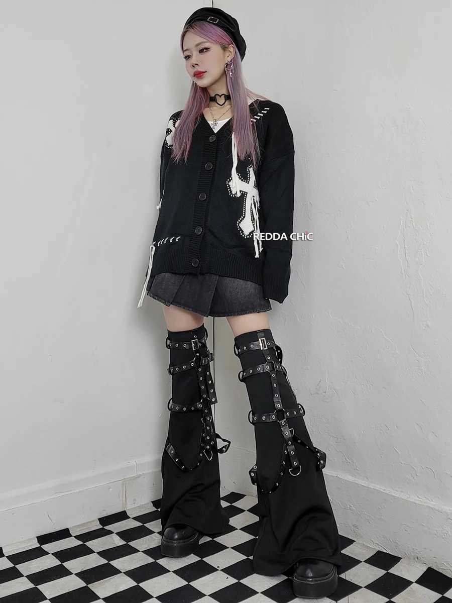 Other Fashion Accessories REDDACHiC Steampunk Leather Harness Leg Warmers Women Retro Black Boots Cover Thigh Long Socks Grayu Y2k Harajuku Emo Stree 