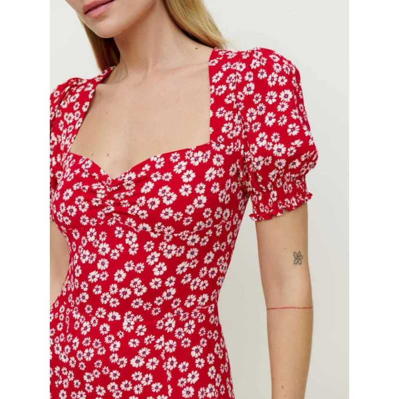 Womens Square Collar Lantern Short Sleeve Dress Slit Hemline at Hem New Spot M240924