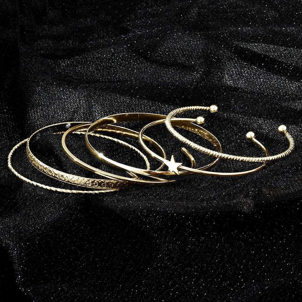 6Pcs /Set Vintage Punk Open Mouth Five-Pointed Star Bracelet Set Women Golden Geometric Metal Irregularity Bracelet PartyJewelryX240925