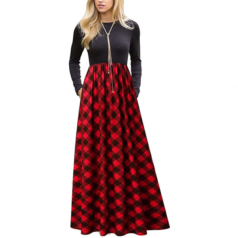 24 Spring Autumn Round Neck Splicing Color Contrasting Grid Pattern Fashion and Leisure Big Swing Long Dress Women's Wear