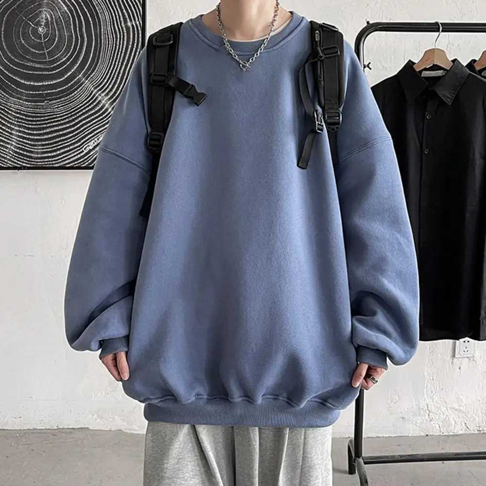 Men Fall Winter Sweatshirt Loose Solid Color Round Neck Long Sleeve Thick Warm Soft Unisex Casual Simple Style Couple TopX240925