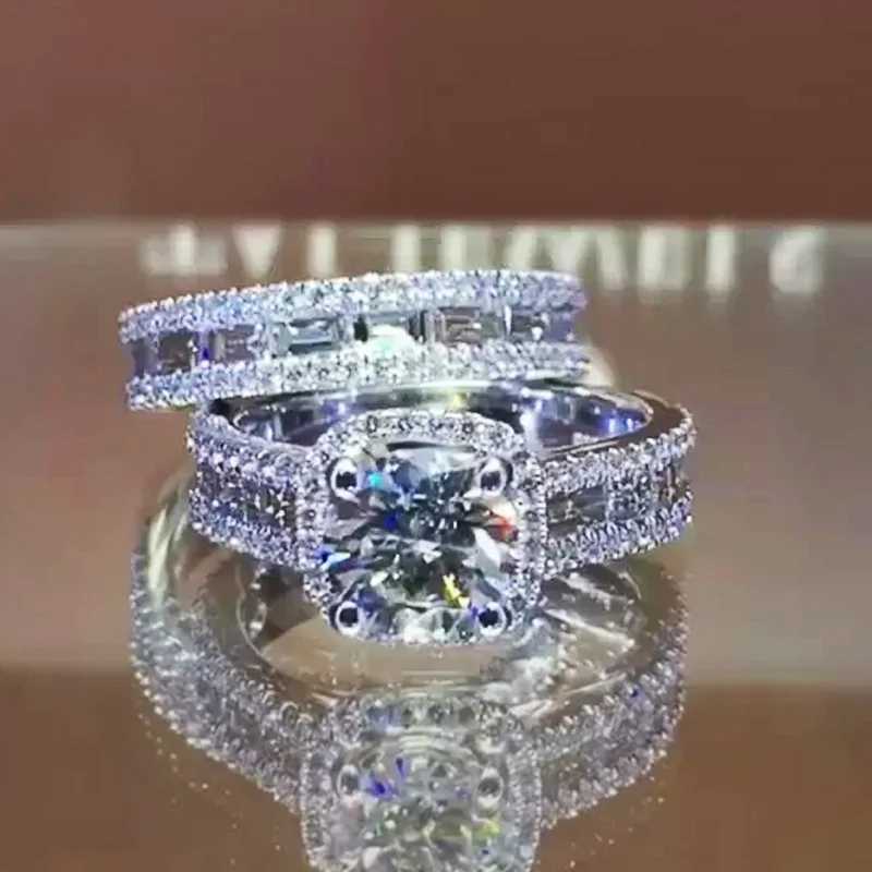 Huitan Trendy Jewelry Set Ring Womens Wedding Eternal Band Ring Double Stacked Design Luxury Silver Girl Accessories W240925