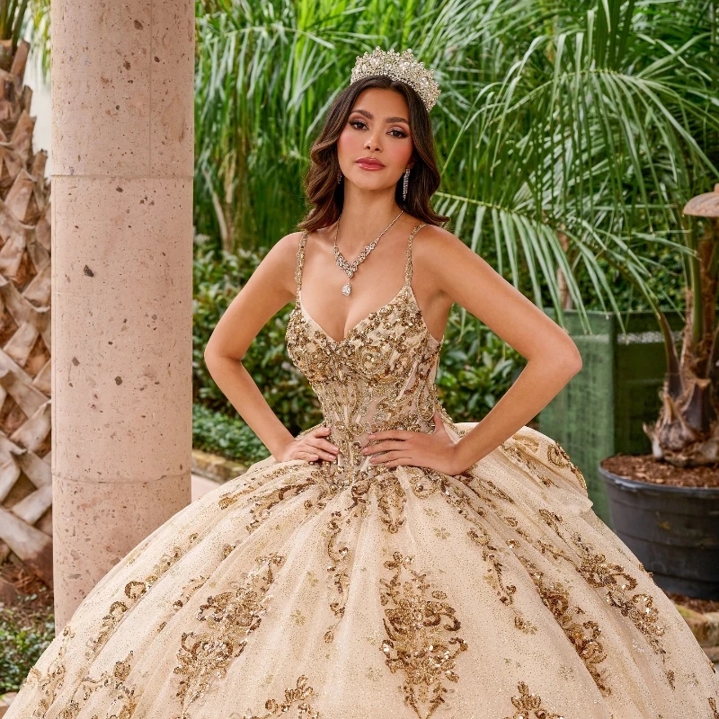 Champagne Shiny Quinceanera Dresses Ball Gown Spaghetti Strap Tulle Appliques Lace Beads Sweet 16 Dress Vestidos De 15 Anos