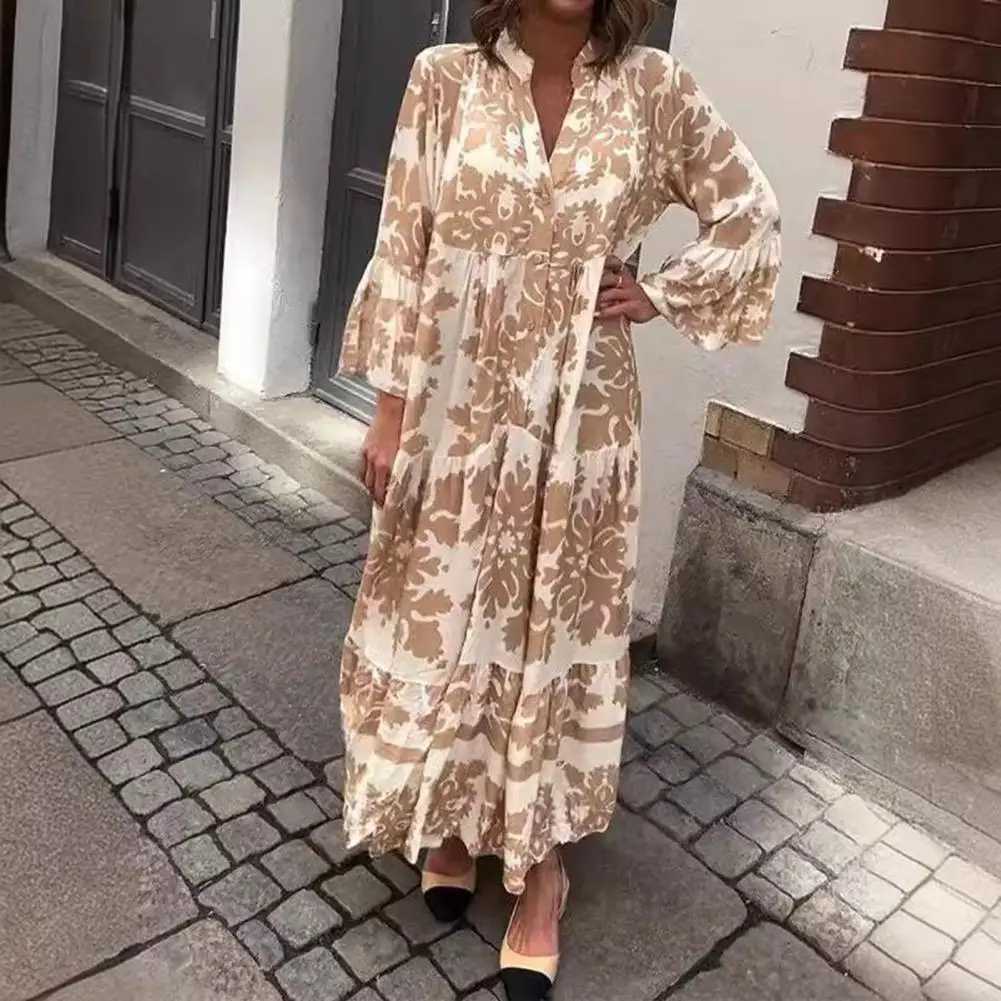 V-neck Printed Dress Elegant Floral Maxi Dress with V Neck Ruffle Patchwork Hem Womens Long Sleeve Single-breasted Commuting M240924