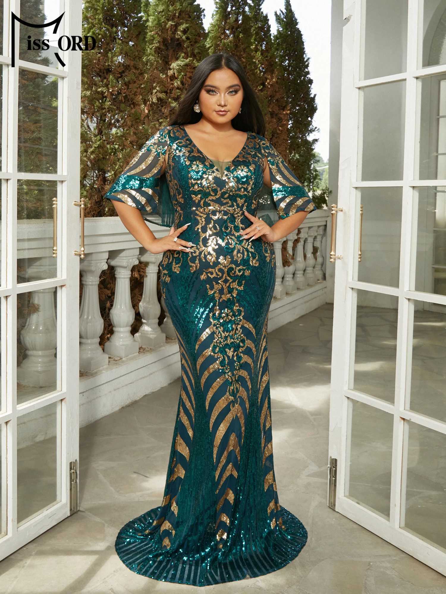 Missord New Plus Size Green V Neck Geometric Batwing Sleeve Sequin Mermaid Evening Prom Floor Length Dress M240924