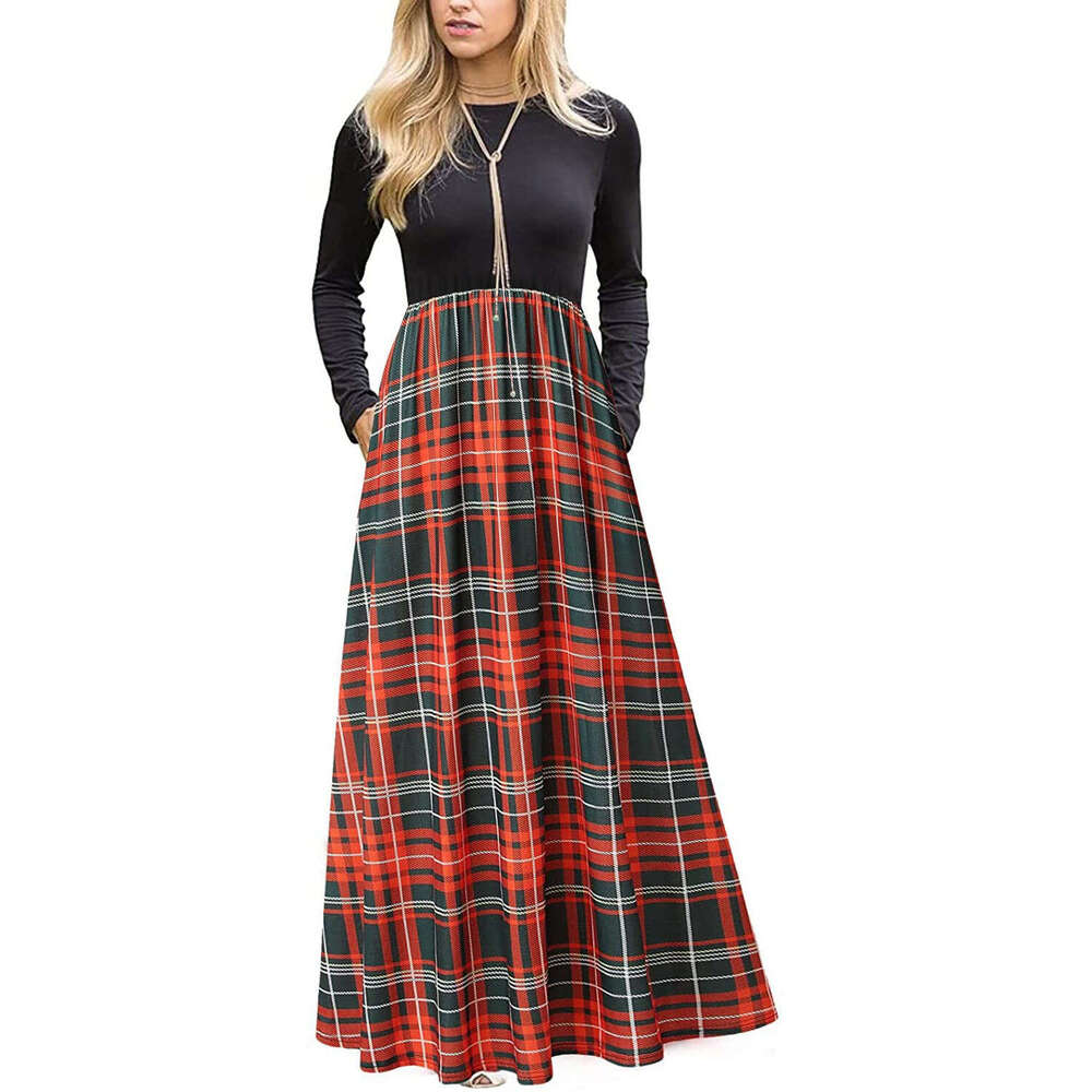 24 Spring Autumn Round Neck Splicing Color Contrasting Grid Pattern Fashion and Leisure Big Swing Long Dress Women's Wear