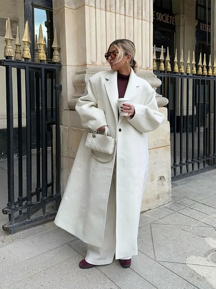Autumn Oversized Solid Woolen Lapel Long Sleeve Coat Women Fashion One Button Overcoat 2024 Winter Lady High Streetwear 240921
