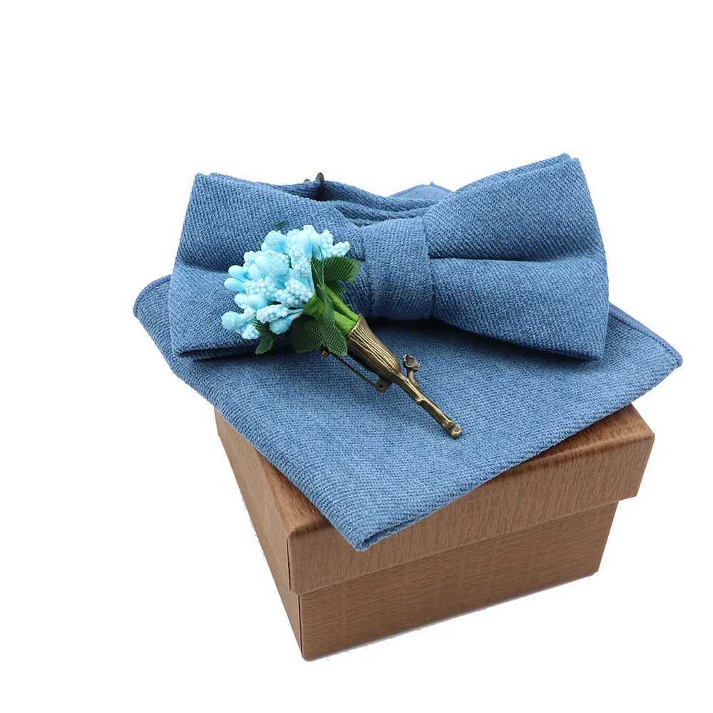 Solid color cotton tie handle flower tie set suitable for mens and party weddings blue and green ties and new tie gifts Y240925