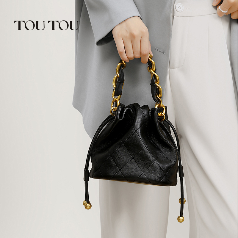 TOUTOU Genuine Leather Quilted Drawstring Bucket Bag Women With Chain Strap Crossbody Handbag For Daily Use And Commuting