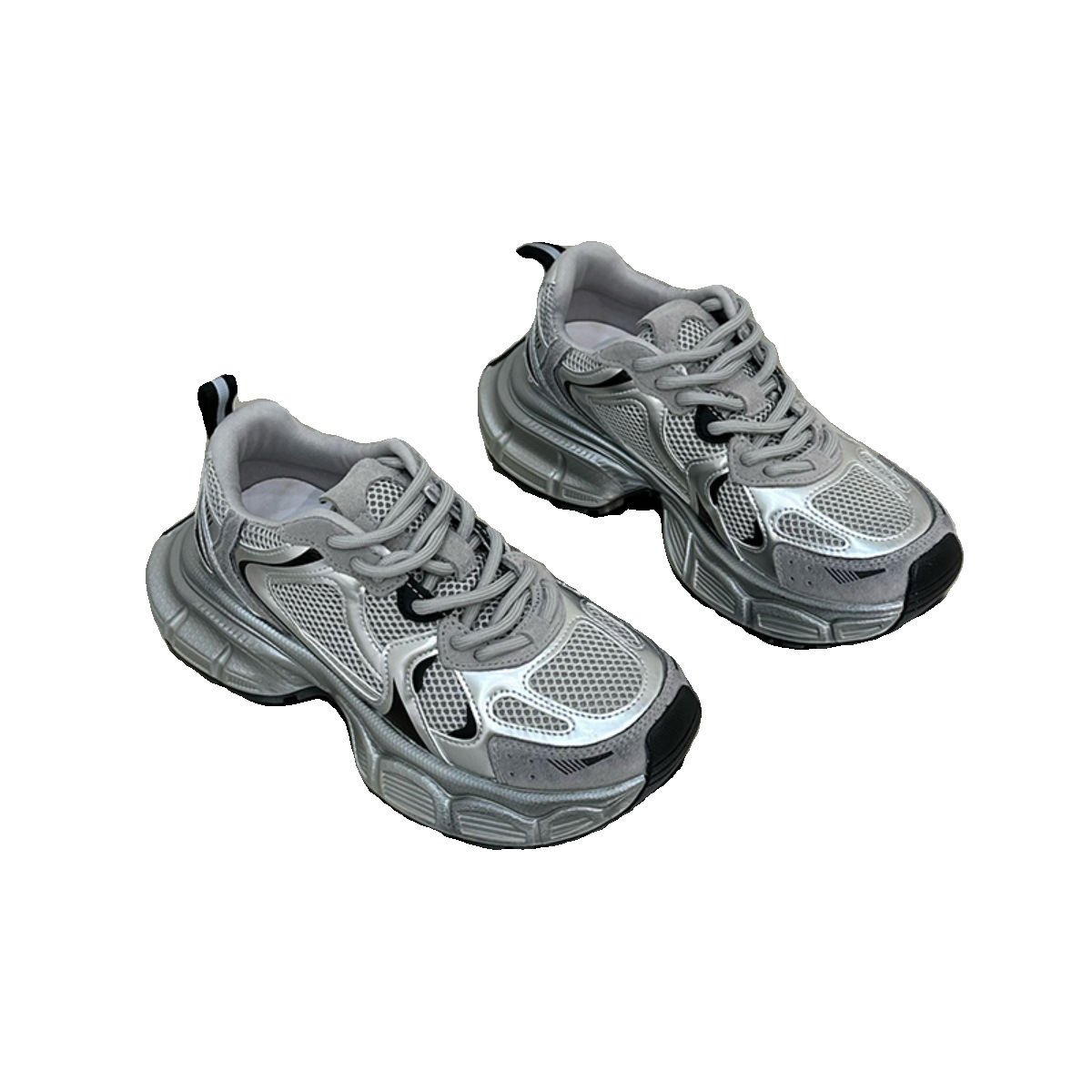 Soft leather breathable silver dad shoes, women's 2024 spring/summer lightweight thick soled sports shoes, trendy and versatile, height increasin