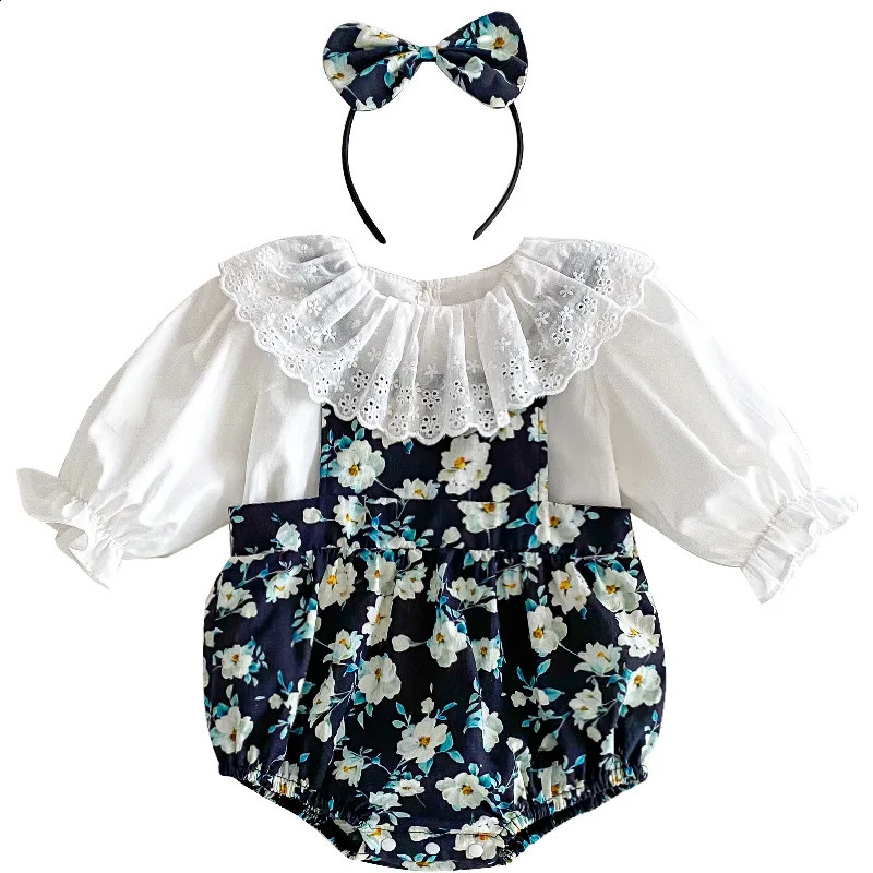 Autumn Korean Baby Girls 2PCS Clothing Lace Long Sleeve Shirt Flower Strap Pants Set Preschool 240925