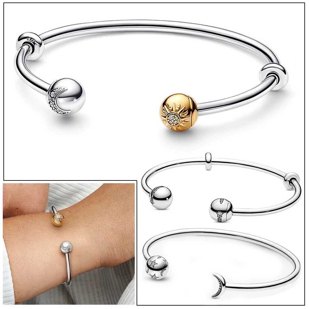 Authentic Silver Sun Moon Open Bangle Cuff Bracelets 925 Silver Charms DIY Women Party Fine Jewelry GiftsX240925