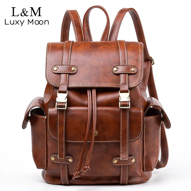 Retro Leather Backpack Womens Fashion Large Drawstring Rucksack School Travel Bag Teen Girls Mochilas Black Brown XA480H 240724