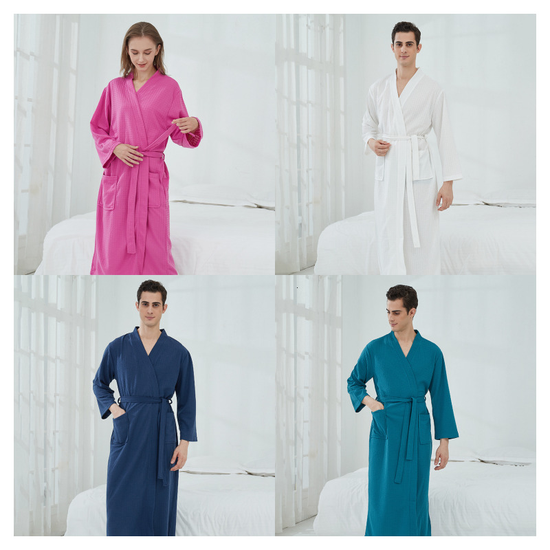 Couples Spring Autumn Waffle Bathrobe Pamas For Women And Men With Waistband Pockets Nightrobe Long Sleeve V-Neck Solid Loose