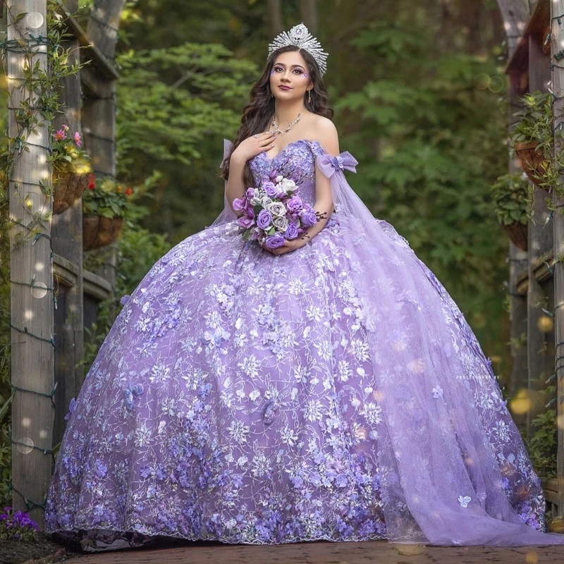 Luxury Lavender Shiny Quinceanera Dresses Ball Gowns 2025 With Cape Applique Lace Beads Tull Sweet 16 Dress Vestidos De 15 Anos