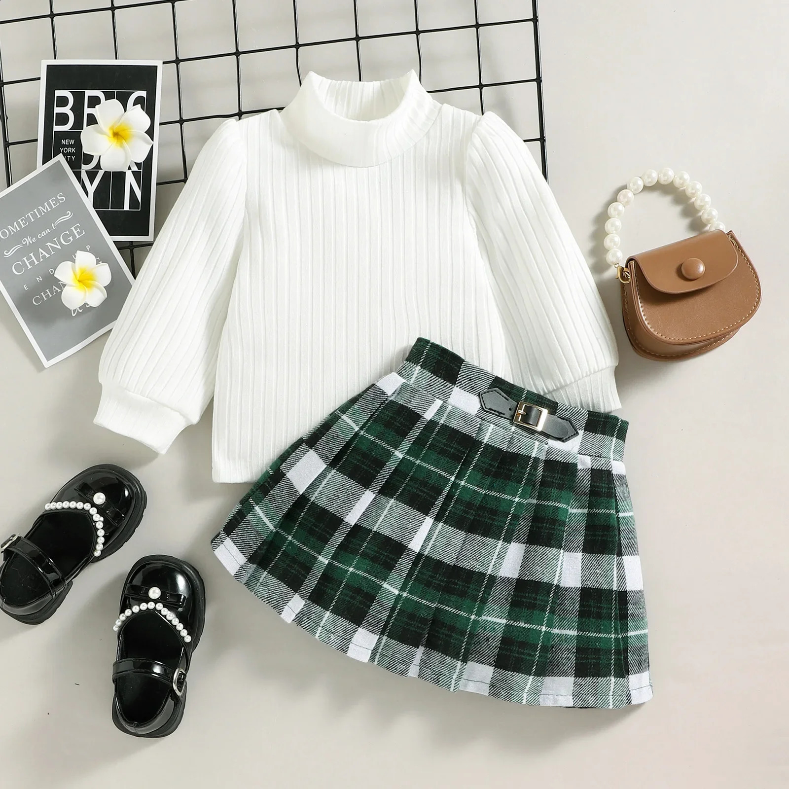 Girls classic checkered clothing set with cardigan and skirt baby girl childrens elegant spring autumn 240925