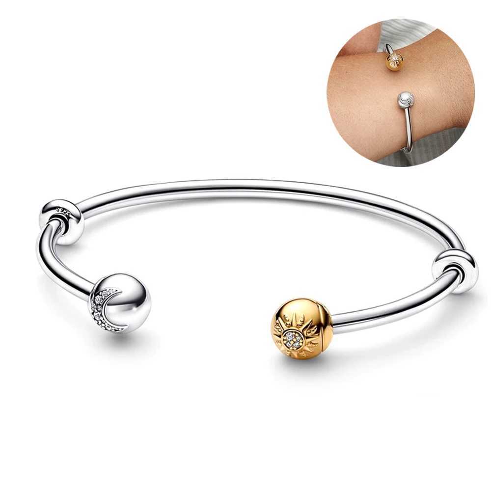 Authentic Silver Sun Moon Open Bangle Cuff Bracelets 925 Silver Charms DIY Women Party Fine Jewelry GiftsX240925