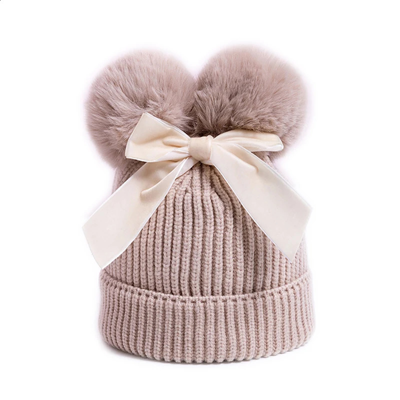 Baby Double Puff Cap Velvet Bow Winter Girls Warm Knitted Thick Ball Children Bean Childrens Hat 240925