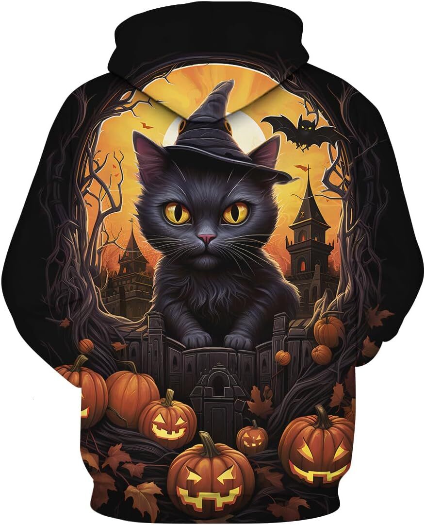 Hoodie for Mens Womens Fantasy MenHalloween Cat Cool Graphic Hoodie Halloween Castle Pumpkin Hooded Sweatshirts Pullover Graphic Hoodies sweatshirt