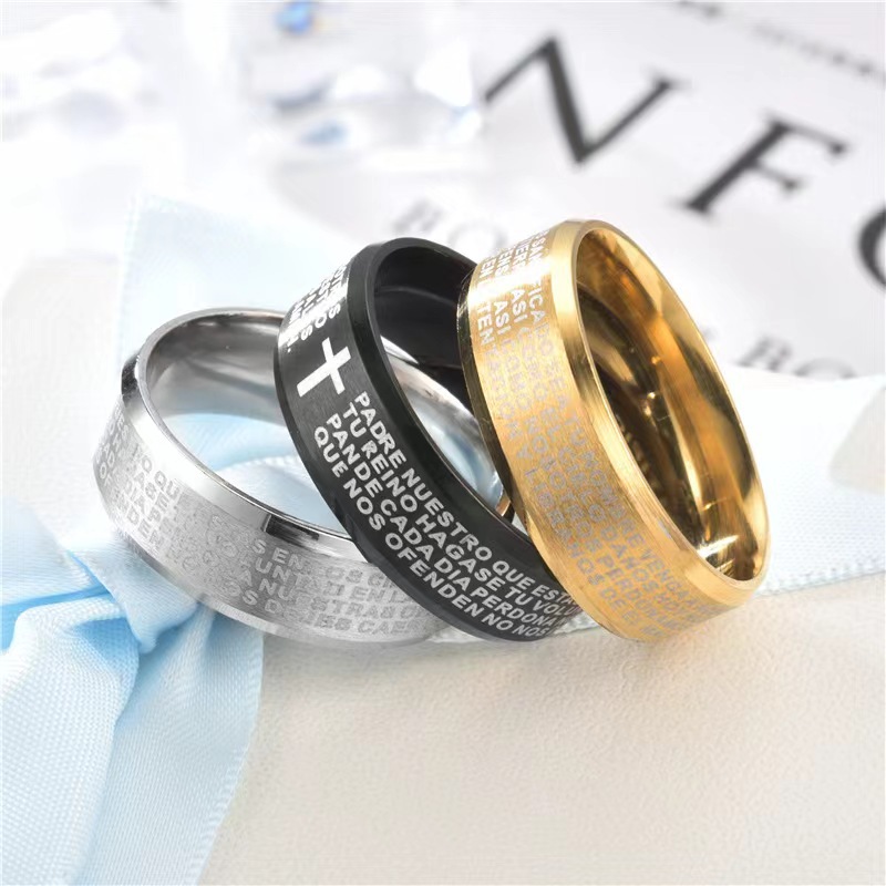 316L Stainless Steel Bible Ring for Men Women Gold Silver Black Spanish Religious Cross Rings Father Prayer Padre Nuestro Letter Rings 8mm