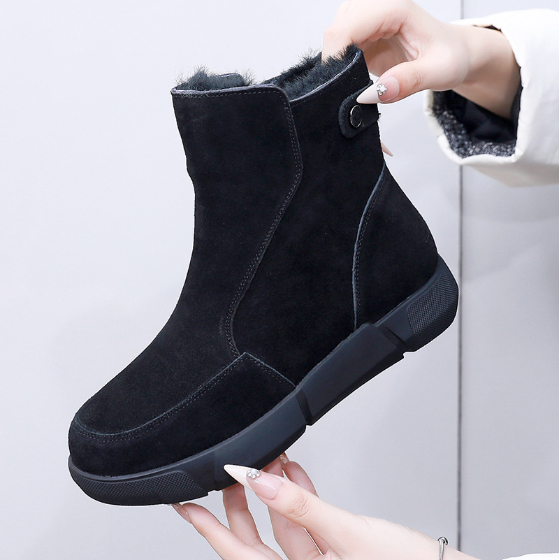 Genuine snow women's frosted leather 24 winter new style with plush and thick short large size anti slip soft soled cotton boots