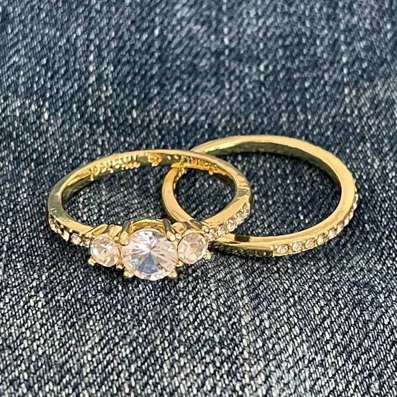 2-piece/set luxury and fashionable wedding ring set suitable for womens shiny round cut zircon rings gold party crystal jewelry accessories W240925