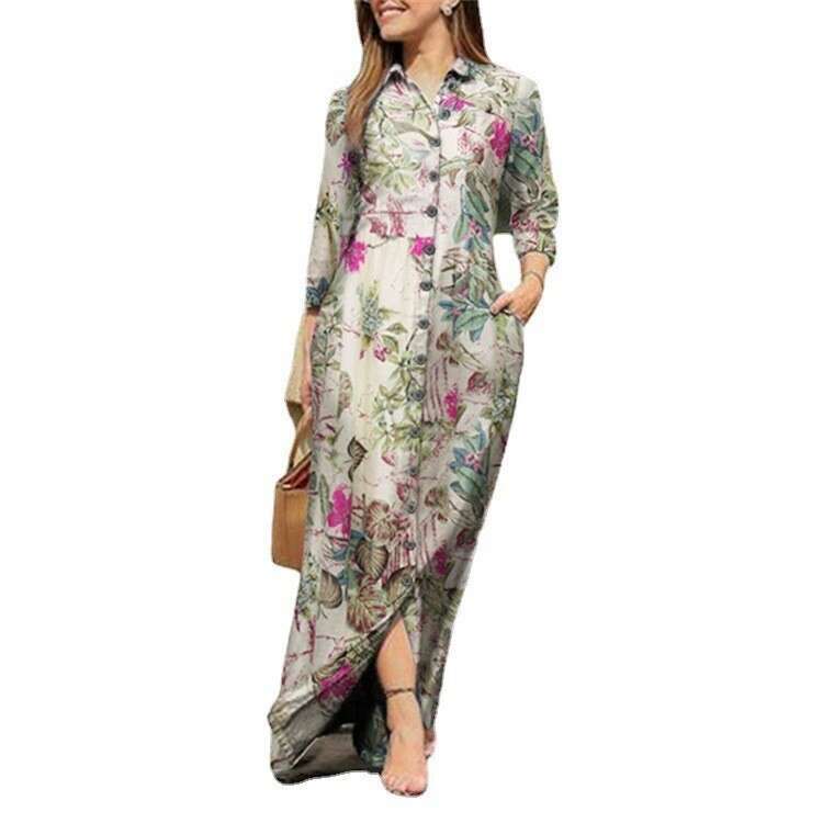 Women's holiday casual lapel sleeved robe ral printed cotton dress button shirt long