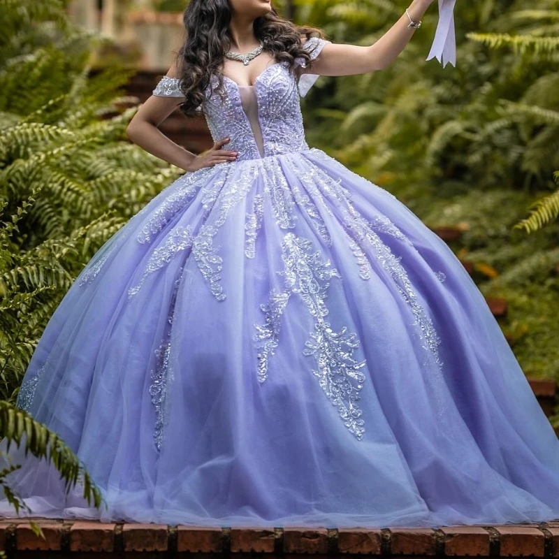 Lavender Gillter Princess Quinceanera Dresses Applique Lace Beads Crystal Tull Corset Lace-up Vestidos De 15 Anos Party Prom Sweet 16 Dress