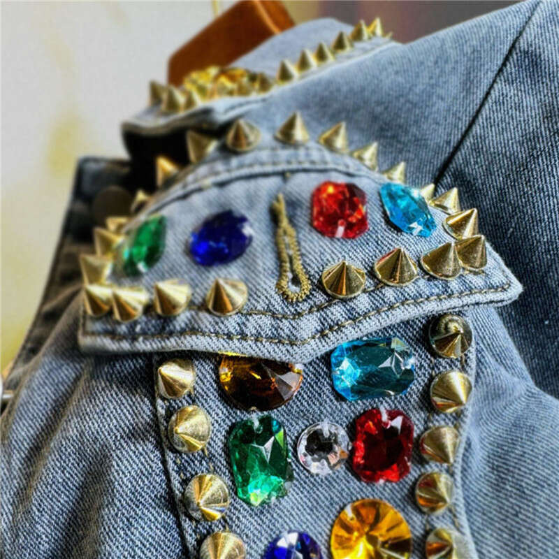 Women Light Blue Short Denim Fashion Bead Rivet Dia Irregular Single-Breasted Puff Sleeve Jeans Jacket Streetwear
