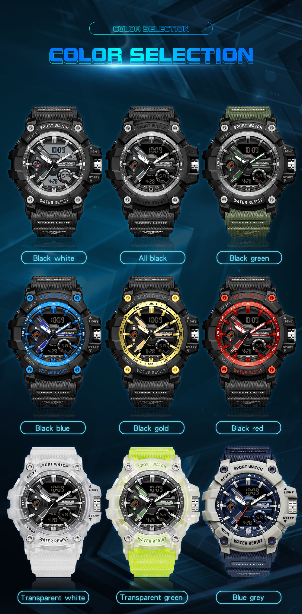 SANDA 3179 Digital Men's Military Watch 50M Waterproof Watch Dual Display Quartz Sports Watch Men's Night Light Relogio Masculino 08