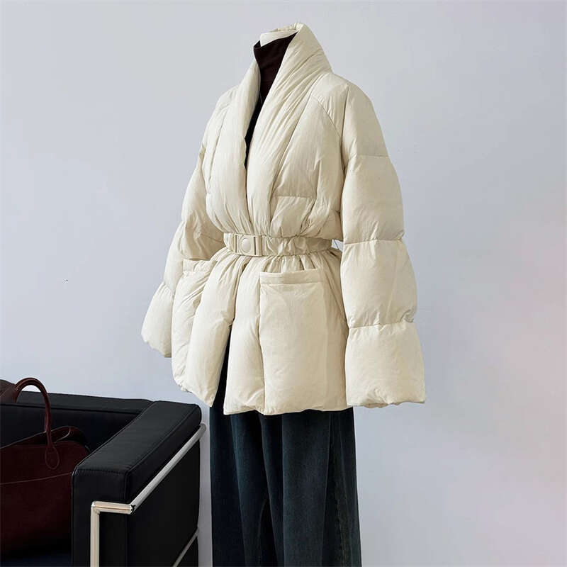 High Quality Winter New Women's V-Neck Waist Tie 90 White Duck Thick Down Y2k Fashion Slim Warm Jacket 2024
