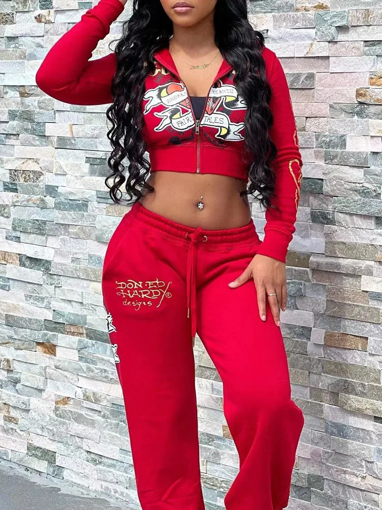 Bangniweigou Skeleton Love Print Zipper Short cardiganHigh Waist Straight Leg Pants Two Piece Set AutumnWinter Womens Wear 240924