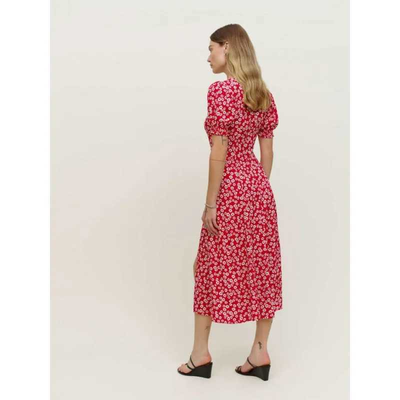 Womens Square Collar Lantern Short Sleeve Dress Slit Hemline at Hem New Spot M240924
