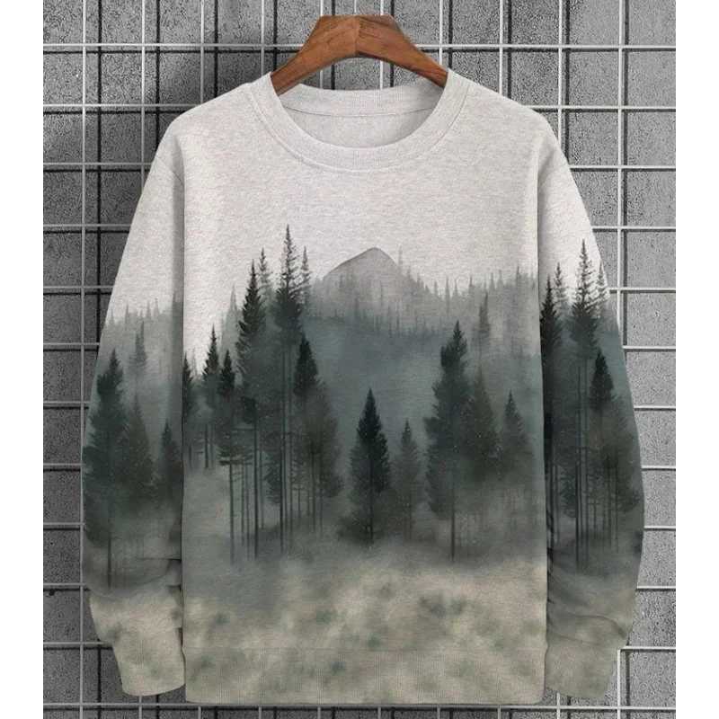 Mens Forest Tree Pattern Hoodie Mountain Plant 3D Printed Pullover Autumn Street Long Sleeve Round Neck Loose Sweater FashionX240925