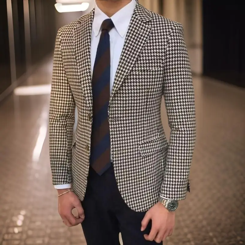 Plaid Men Suit Jacket for Business 1 Piece Check Houndstooth Male Blazer Notch Lapel American Style Wedding Suit 2024