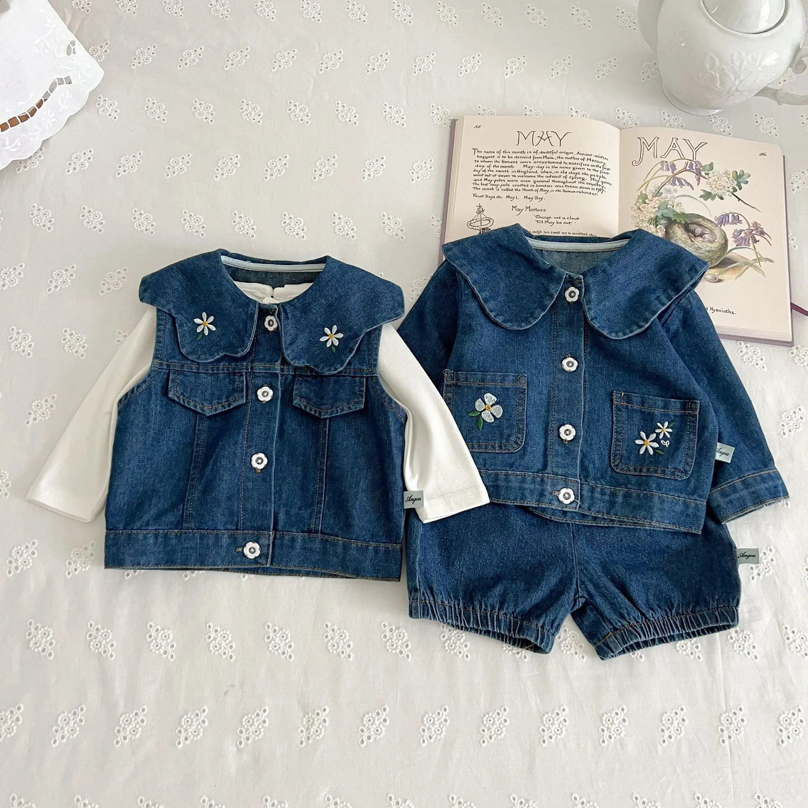 Korean autumn baby girl 3piece cotton long sleeved top denim jacket jumpsuit jeans set toddler 240925