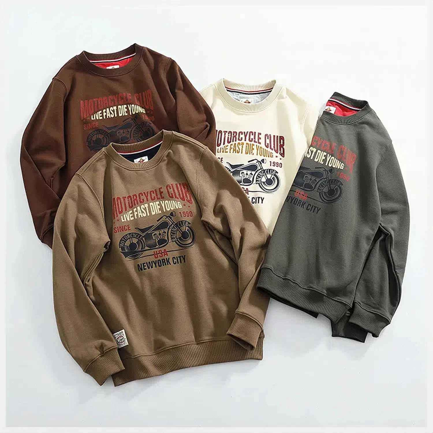 Vintage motorcycle printing thick texture hoodie mens round neck knitted wool circle cloth base shirt top tideX240925