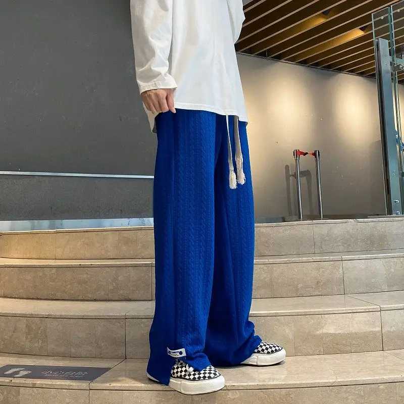 Men High Strt Sweatpants Fashion Loose Casual Side Slit Straight-Leg Pants Vintage Blue Jacquard Casual Bottoms Male Clothes M240924