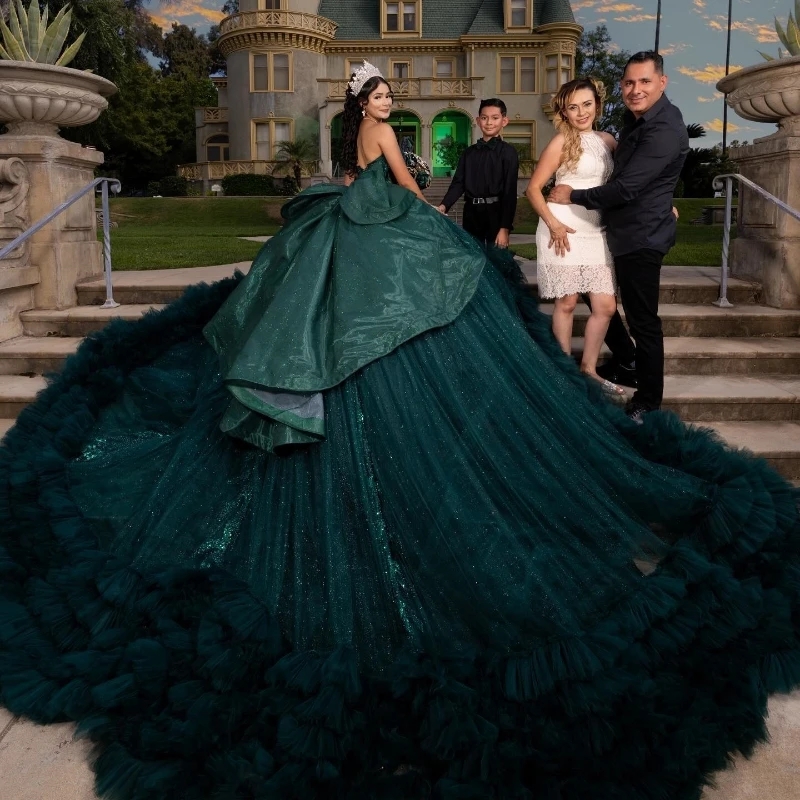 Blackish Green Ball Gown Quinceanera Dresses Ruffle Beads Lace Tiered Tull Princess Mexico Sweet 16 Dress Birthday Vestidos 15 De XV Anos